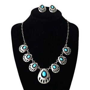 Navajo Vintage Turquoise Bear Paw Sterling Silver Necklace and Earrings Set